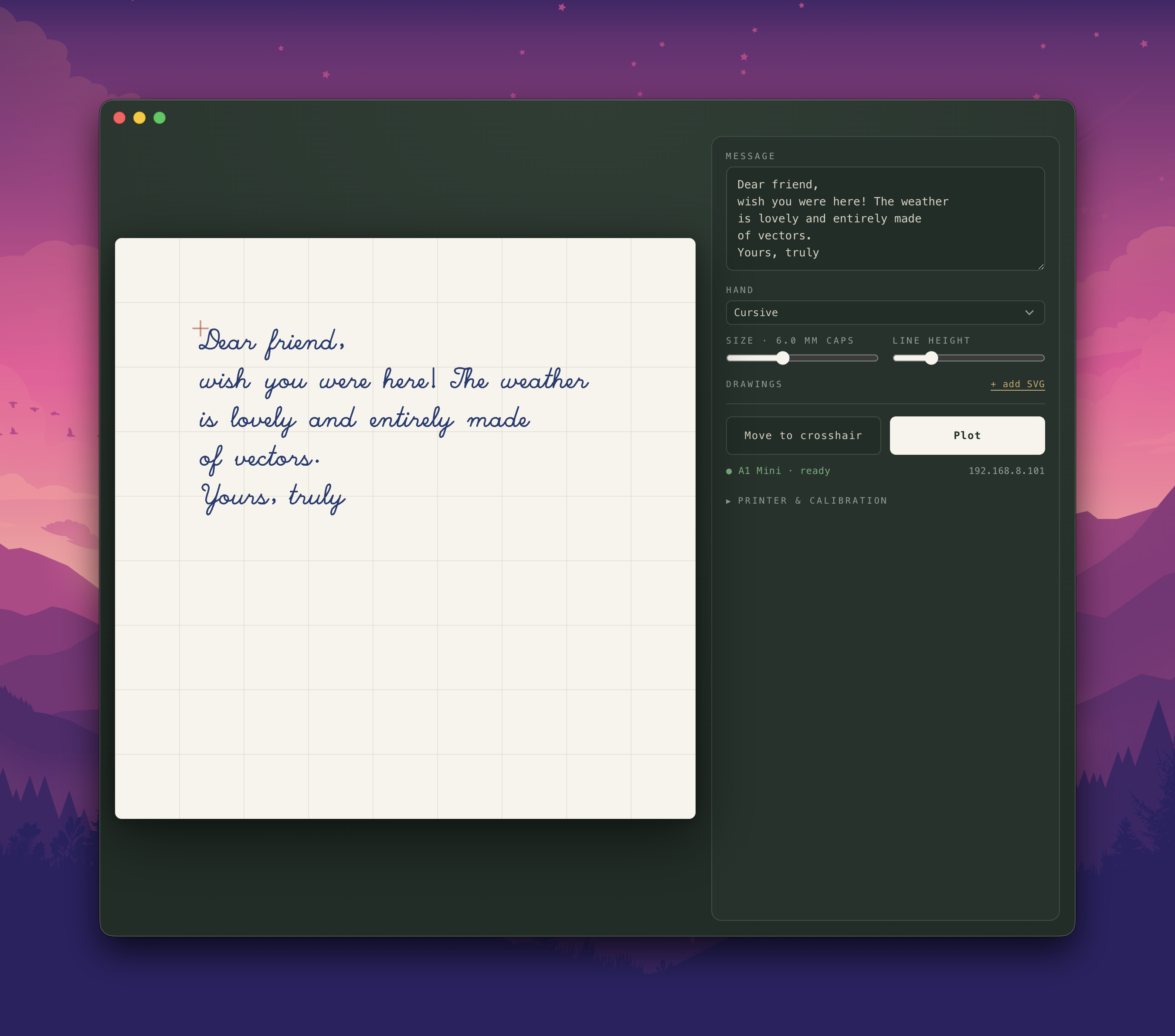Handwriter Buddy app: bed preview with cursive handwriting and plotter controls